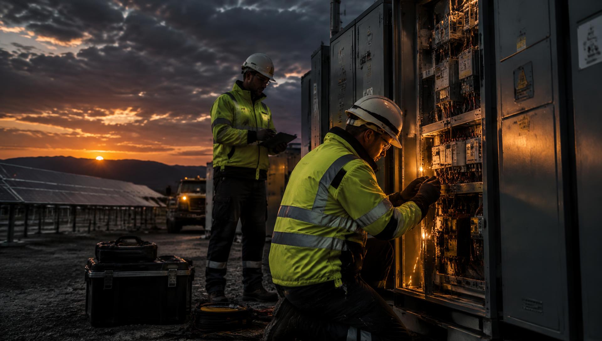 Técnicos da FEQ a trabalhar num quadro elétrico industrial ao pôr do sol